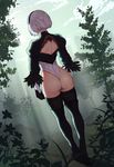  ass back_cutout black_footwear black_gloves black_hairband boots feather-trimmed_sleeves gloves hairband high_heel_boots high_heels highleg highleg_leotard highres juliet_sleeves leotard long_sleeves nier_(series) nier_automata no_pants puffy_sleeves silver_hair solo sunna_(nilsunna) thigh_boots thighhighs thighhighs_under_boots turtleneck vambraces white_leotard yorha_no._2_type_b 