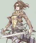  blush brown_eyes brown_hair dress_shirt emblem glasses goggles hange_zoe jacket paradis_military_uniform ponytail shingeki_no_kyojin shirt short_hair simple_background solo survey_corps_(emblem) sword three-dimensional_maneuver_gear weapon yamashita_shun'ya 