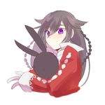  1girl alice_(pandora_hearts) black_hair bow gloves long_hair pandora_hearts purple_eyes scythe smile stuffed_bunny stuffed_toy 