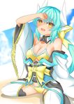  adapted_costume aqua_hair bikini blush breasts cleavage commentary_request detached_collar fang fate/grand_order fate_(series) frilled_bikini frills hair_ornament highres horns japanese_clothes kimono kiyohime_(fate/grand_order) long_hair looking_at_viewer medium_breasts open_mouth smile solo swimsuit take-g thighhighs wide_sleeves yellow_eyes 
