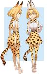  :d animal_ears belt blonde_hair bow bowtie character_sheet elbow_gloves eyebrows_visible_through_hair gloves high-waist_skirt kemono_friends multiple_views open_mouth serval_(kemono_friends) serval_ears serval_print serval_tail shirt shoes short_hair skirt sleeveless sleeveless_shirt smile striped_tail tail thighhighs yoshida_on zettai_ryouiki 