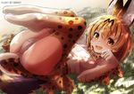  :d animal_ears artist_name bad_id bad_pixiv_id blonde_hair blush bow bowtie brown_eyes dappled_sunlight extra_ears eyebrows_visible_through_hair fang from_side full_body grass hair_between_eyes kemono_friends looking_at_viewer lying on_back on_ground open_mouth panties paw_pose plantar_flexion saruei serval_(kemono_friends) serval_ears serval_print serval_tail shirt skirt sleeveless sleeveless_shirt smile solo sunlight tail thighhighs underwear white_panties 