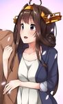  1girl ahoge alternate_costume blue_jacket brown_hair double_bun dress hairband headgear highres hinacalibur jacket kantai_collection kongou_(kantai_collection) long_hair open_mouth petals pink_background purple_eyes sleeves_rolled_up smile white_dress 