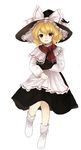  :d apron black_hat black_skirt blonde_hair bobby_socks bow capelet commentary_request full_body hat hat_bow highres kirisame_marisa long_sleeves no_shoes open_mouth perfect_cherry_blossom red_scarf scarf short_hair shoudoku_taishi_(taishi) simple_background skirt smile socks solo touhou waist_apron white_apron white_background white_bow white_legwear witch_hat yellow_eyes 