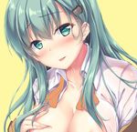  aqua_eyes aqua_hair areola_slip areolae blouse blush breasts cleavage eyebrows_visible_through_hair hair_ornament hairclip hand_on_own_chest kantai_collection large_breasts long_hair looking_at_viewer off_shoulder open_blouse open_clothes remodel_(kantai_collection) skindentation solo suzuya_(kantai_collection) tongue tongue_out yellow_background yuriko 
