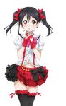  black_hair black_legwear blush bokura_wa_ima_no_naka_de bow bowtie choker earrings fingerless_gloves gloves hair_bow heart_cutout jewelry kneehighs long_hair looking_at_viewer love_live! love_live!_school_idol_project parted_lips pink_bow red_bow red_eyes red_gloves shirt short_sleeves skirt solo standing suspender_skirt suspenders transparent_background twintails white_shirt yazawa_nico 