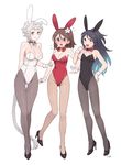  :d alternate_costume amagi_(kantai_collection) animal_ears artist_name asymmetrical_hair bare_shoulders black_hair black_legwear blush bow bowtie braid breasts brown_eyes brown_hair bunny_ears bunnysuit choker cleavage closed_eyes collarbone fake_animal_ears fig_(lchijiku) fishnet_pantyhose fishnets flower flying_sweatdrops full-face_blush full_body gradient_hair hair_between_eyes hair_flower hair_ornament highres kantai_collection katsuragi_(kantai_collection) large_breasts long_hair looking_at_viewer mole mole_under_eye multicolored_hair multiple_girls open_mouth pantyhose ponytail silver_hair simple_background single_braid smile sweatdrop unryuu_(kantai_collection) very_long_hair wavy_hair white_background 