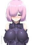  3: armor armored_dress arms_at_sides arms_behind_back bangs batsu blush breasts closed_mouth embarrassed eyebrows_visible_through_hair fate/grand_order fate_(series) hair_over_one_eye large_breasts lavender_hair looking_down mash_kyrielight nose_blush purple_eyes purple_hair short_hair simple_background solo sweatdrop twitter_username upper_body white_background 