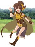  armor armored_dress artist_request boots brown_eyes brown_hair cape commentary_request dyute_(fire_emblem) fang fire_emblem fire_emblem_echoes:_mou_hitori_no_eiyuuou fire_emblem_gaiden forest hair_ribbon highres nature pointed_boots ponytail ribbon scenery skirt smile solo waving yellow_ribbon 