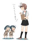  black_hair brown_hair clipboard comic commentary fairy_(kantai_collection) flying_sweatdrops hair_bun hand_to_own_mouth kantai_collection kitsuneno_denpachi magatama multiple_girls open_mouth outstretched_arms pleated_skirt pointing ryuujou_(kantai_collection) shirt short_hair short_sleeves shorts sidelocks skirt sleeves_rolled_up socks suspenders translated twintails visor_cap white_background white_shirt 