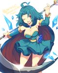  ;d ahoge aqua_dress aqua_hair aru_(majin_shoujo) blue_cape brave_dungeon breasts brooch cape cleavage contrapposto dated detached_sleeves dress eyebrows_visible_through_hair gem highres holding holding_weapon iroyopon jewelry large_breasts looking_at_viewer majin_shoujo one_eye_closed open_mouth red_eyes scythe short_dress signature simple_background smile solo standing strapless strapless_dress thighs translation_request two-handed weapon white_background 