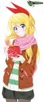  black_shorts blonde_hair blue_eyes blush bow brown_jacket cowboy_shot hair_bow happy_valentine highres holding jacket kirisaki_chitoge long_hair looking_at_viewer nail_polish nisekoi pantyhose pink_nails pink_scarf ponytail red_bow scarf shorts smile solo standing star star_print striped striped_sweater sweater transparent_background valentine watermark 