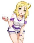  :d blonde_hair collarbone cowboy_shot grey_shorts hand_on_lap highres holding leaning_forward long_hair looking_at_viewer love_live! love_live!_sunshine!! ohara_mari open_mouth purple_shirt shirt short_shorts shorts sleeveless sleeveless_shirt smile solo standing transparent_background watch white_shirt wristwatch yellow_eyes 