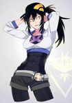  abs arms_behind_head belt black_hair breasts commentary_request contrapposto cropped_jacket female_protagonist_(pokemon_go) fig_(lchijiku) gen_1_pokemon hat jacket leggings legwear_under_shorts long_sleeves medium_breasts parted_lips pokemon pokemon_(creature) pokemon_go ponytail short_shorts shorts sleeves_pushed_up solo standing toned unzipped white_jacket yellow_eyes zapdos zipper zipper_pull_tab 