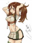  amagi_(kantai_collection) breasts brown_eyes brown_hair cleavage cleavage_cutout fig_(lchijiku) flying_sweatdrops hair_tie hair_tie_in_mouth kantai_collection large_breasts midriff miniskirt mouth_hold navel pleated_skirt side_slit skirt solo sweatdrop translated tying_hair 