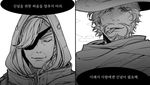  1girl ana_(overwatch) beard check_translation cigar cowboy_hat emyang eyepatch facial_hair facial_tattoo hat hood mccree_(overwatch) monochrome overwatch short_hair tattoo translation_request 