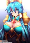  armor blue_eyes blue_hair breasts character_request elsword fi-san gradient gradient_background hair_between_eyes large_breasts patreon_logo solo upper_body watermark web_address 