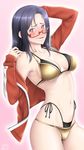  @_@ alternate_hairstyle arm_up bikini black_hair blush breasts breasts_apart cowboy_shot demi-chan_wa_kataritai glasses hair_down hair_undone highleg highleg_bikini jacket large_breasts layered_bikini long_hair long_sleeves looking_at_viewer navel open_clothes open_jacket open_mouth osafune_kairi purple_eyes red-framed_eyewear satou_sakie semi-rimless_eyewear shiny shiny_hair side-tie_bikini solo sweat swimsuit swimsuit_under_swimsuit tears track_jacket under-rim_eyewear wavy_mouth 