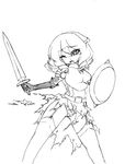  1girl armor arthuria_(camel) camel_(dansen) female monochrome one_eye_closed open_mouth original panties print_panties shield solo sword torn_clothes weapon 