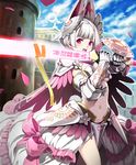  armor armored_dress artist_request bikini_armor castle city cygames gauntlets glowing glowing_sword glowing_weapon helmet luminous_knight navel official_art open_mouth petals pink_eyes revealing_clothes ribbon shadowverse shingeki_no_bahamut shoulder_armor sword two-handed_sword weapon white_hair 