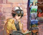  1girl brick_wall expressionless flag goggles green_eyes hat issa kino kino_no_tabi long_coat magazine motorcycle reading short_hair tagme vehicle 