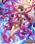  arm_at_side armor bangs breasts brown_hair cleavage copyright_name dress feet_out_of_frame flower hair_between_eyes hair_flower hair_ornament hand_up holding holding_sword holding_weapon knees_together_feet_apart large_breasts legs_together lips long_hair medium_breasts parted_lips pink_eyes purple_dress shawl shinma_x_keishou!_ragnabreak solo sword tassel teeth very_long_hair wanke weapon wreath 