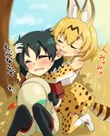  animal_ears biting black_hair blonde_hair blush commentary ear_biting eargasm elbow_gloves gloves hat hat_feather helmet iberiko_yuri kaban_(kemono_friends) kemono_friends multiple_girls open_mouth pantyhose pith_helmet serval_(kemono_friends) serval_ears serval_print serval_tail shirt short_hair shorts tail translated yuri 