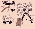  1girl anger_vein ass_visible_through_thighs bat_wings belt cameltoe collar demon_girl demon_tail disgaea earrings elbow_gloves english etna full_body gloves hands_on_hips jewelry makai_senki_disgaea microskirt monochrome open_mouth panties pantyshot pointy_ears poking poking_pussy prinny skirt skull_earrings tail thighhighs typo_(requiemdusk) underwear wings zettai_ryouiki 