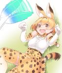  :d animal_ears arms_up blonde_hair bow bowtie breasts commentary_request elbow_gloves fang feathers gloves grass happy highres kemono_friends lying medium_breasts on_back on_grass open_mouth playing sakoku_(rh_ty_ks) serval_(kemono_friends) serval_ears serval_print serval_tail short_hair sleeveless smile solo tail thighhighs 