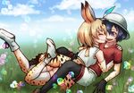  ;d ^_^ animal_ears ass black_gloves black_hair black_legwear blonde_hair blue_eyes blue_sky blush boots closed_eyes cloud commentary day elbow_gloves extra_ears face-to-face full_body gloves grass hand_on_another's_back happy hat hat_feather helmet high-waist_skirt hug kaban_(kemono_friends) kemono_friends lying multiple_girls nature on_stomach one_eye_closed open_mouth outdoors pantyhose pith_helmet print_gloves print_legwear print_skirt ray-k reclining red_shirt sandstar serval_(kemono_friends) serval_ears serval_print serval_tail shirt short_hair shorts skirt sky sleeveless sleeveless_shirt smile t-shirt tail thighhighs yuri 
