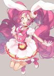  :d animal_ears bow bunny_ears cake_hair_ornament choker cure_whip dress extra_ears food food_themed_hair_ornament fruit gloves hair_ornament high_heels jumping kirakira_precure_a_la_mode long_hair magical_girl open_mouth pink_bow pink_dress pink_eyes pink_hair precure puffy_short_sleeves puffy_sleeves short_sleeves sidelocks signature smile solo strawberry strawberry_shortcake toujou_sakana twintails usami_ichika very_long_hair white_gloves 