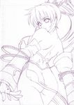  ass bare_shoulders breasts detached_sleeves dress fingerless_gloves gloves hair_ornament kumashiro_izuta large_breasts long_hair monochrome nanbu_kaguya ponytail sketch solo strapless strapless_dress super_robot_wars super_robot_wars_og_saga_mugen_no_frontier 