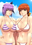  ayane_(doa) bangs bikini blue_sky blush breast_press breasts brown_eyes brown_hair cleavage closed_mouth cloud collarbone commentary_request covered_nipples cowboy_shot day dead_or_alive groin hair_ribbon halter_top halterneck hand_on_hip headband highres kasumi_(doa) large_breasts long_hair looking_at_viewer moyashi_matsuri multiple_girls navel outdoors purple_hair ribbon short_hair siblings sisters sky smile stomach striped striped_bikini swimsuit symmetrical_docking 