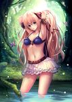  adjusting_hair arisa_(shadowverse) armpits belt bikini_top blush breasts bug butterfly cleavage contrapposto forest insect long_hair looking_at_viewer medium_breasts moss nature navel ouka_(ra-raradan) roots shadowverse sideboob skirt smile solo standing thighs tree wading 