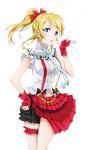  ayase_eli black_bow blonde_hair blue_eyes blue_neckwear bokura_wa_ima_no_naka_de bow cowboy_shot earrings fingerless_gloves gloves hair_bow high_ponytail jewelry long_hair looking_at_viewer love_live! love_live!_school_idol_project navel necktie parted_lips red_bow red_gloves shiny shiny_skin shirt skirt sleeveless sleeveless_shirt solo standing striped striped_neckwear suspender_skirt suspenders thigh_strap transparent_background white_shirt 