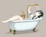  barefoot bathtub black_hair claw_foot_bathtub clothed_bath dripping faucet grey_background looking_at_viewer lying meimaru_inuchiyo murasa_minamitsu neckerchief puffy_short_sleeves puffy_sleeves red_neckwear see-through shirt short_hair short_sleeves shorts shower_head solo touhou water wet wet_clothes wet_hair white_shirt 