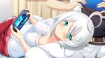  1girl ahoge aqua_eyes belt blush frown handheld_game_console head_out_of_frame hetero image_sample indoors lap_pillow long_hair looking_at_viewer lying neet on_side pants pillow playing_games protagonist_(x-overd) shirt solo_focus sweatpants t-shirt tinyl white_hair white_pants white_shirt x-overd yukeshi 