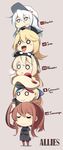  5girls american_flag black_dress blonde_hair blue_hair blush_stickers braid breast_pocket brown_hair character_name chibi closed_eyes commandant_teste_(kantai_collection) commentary crown cup dress flat_cap french_braid french_flag frown hairband hammer_and_sickle hat headgear hibiki_(kantai_collection) human_tower ido_(teketeke) iowa_(kantai_collection) kantai_collection long_hair mini_crown multicolored_hair multiple_girls pocket ponytail red_hair red_legwear saratoga_(kantai_collection) side_ponytail silver_hair smile soviet_flag stack stacking standing streaked_hair teacup union_jack verniy_(kantai_collection) warspite_(kantai_collection) white_hair white_hat 