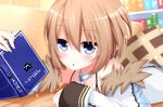  bare_shoulders blanc blue_eyes blush book brown_hair fur_trim looking_at_viewer neptune_(series) open_mouth shironeko_haru short_hair solo 