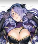  1girl between_breasts breasts camilla_(fire_emblem_if) cleavage fire_emblem fire_emblem_heroes fire_emblem_if large_breasts long_hair looking_at_viewer lying on_back parted_lips purple_eyes purple_hair smile solo tagme upper_body 