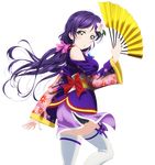  angelic_angel bow fan floating_hair flower from_behind green_eyes hair_bow hair_flower hair_ornament holding holding_fan japanese_clothes kimono long_hair looking_at_viewer looking_back love_live! love_live!_school_idol_project pink_bow purple_hair purple_kimono purple_ribbon ribbon solo standing thighhighs toujou_nozomi transparent_background white_flower white_legwear 