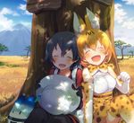  against_tree animal_ears backpack bag black_gloves black_hair blonde_hair blush bow bowtie breasts closed_eyes commentary_request cross-laced_clothes day elbow_gloves fuji_fujino gloves hair_between_eyes hat hat_feather helmet high-waist_skirt kaban_(kemono_friends) kemono_friends lucky_beast_(kemono_friends) medium_breasts multiple_girls nature open_mouth outdoors pith_helmet red_shirt serval_(kemono_friends) serval_ears serval_print serval_tail shirt short_hair shorts sitting skirt sleeveless sleeveless_shirt smile striped_tail tail tree wavy_hair 