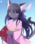  black_hair cat furry glasses japanese_clothes kemoribon long_hair purple_eyes 