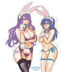  animal_ears bikini blue_eyes blue_hair blush bra breasts bunny_ears camilla_(fire_emblem_if) cleavage fire_emblem fire_emblem_heroes fire_emblem_if flat_chest gloves hair_over_one_eye large_breasts lips long_hair looking_at_another lucina multiple_girls navel panties purple_eyes purple_hair red_eyes samanator_club smile swimsuit thighhighs thighs tiara underwear very_long_hair wavy_hair white_background 