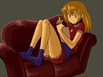  blonde_hair bodysuit couch full_body green_eyes long_hair red_shorts rockman rockman_dash rog_rockbe roll_caskett shorts sitting socks solo 