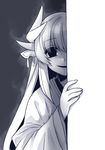  around_corner empty_eyes fate/grand_order fate_(series) greyscale hair_ornament horror_(theme) japanese_clothes kiyohime_(fate/grand_order) long_hair long_sleeves looking_at_viewer monochrome multiple_horns peeking smile solo stalking takatsuki_ichi yandere 