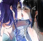  aoi_chiruko black_hair blue_hair blush breasts closed_eyes french_kiss hair_ornament hairclip kiss kurosawa_dia long_hair love_live! love_live!_sunshine!! matsuura_kanan medium_breasts multiple_girls open_mouth reflection sketch swimsuit water yuri 