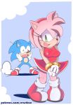  amy_rose anthro attracted blue_body boots bracelet clothed clothing countershade_torso countershading dress duo eulipotyphlan female footwear fully_clothed gloves hairband hedgehog jewelry male mammal nipple_bulge no_pupils one_eye_closed open_mouth open_smile senshion shoes shy smile sonic_(series) sonic_the_hedgehog sweat 