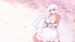 bangs blunt_bangs blush branch breasts cherry_blossoms cleavage closed_mouth closers collarbone commentary_request cowboy_shot dress hair_ornament hairclip highres large_breasts levia_(closers) long_hair looking_at_viewer pointy_ears purple_eyes shaojiang sidelocks smile solo very_long_hair white_dress white_hair 