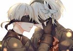  1girl aki663 couple flower hair_flower hair_ornament headband hetero long_hair mole mole_under_mouth nier_(series) nier_automata short_hair simple_background smile white_hair yorha_no._2_type_b yorha_no._9_type_s 